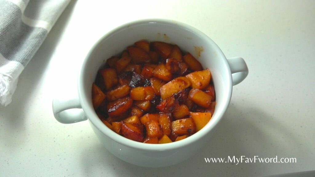 healthy peach crisp with burnt peaches